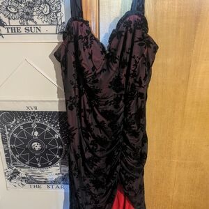 SHEIN Strapless Red Dress with Black Floral Overlay